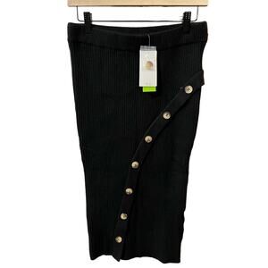 NWT Sam Edelman Black Ribbed Rosalie Button Front Midi Pencil Skirt Size M